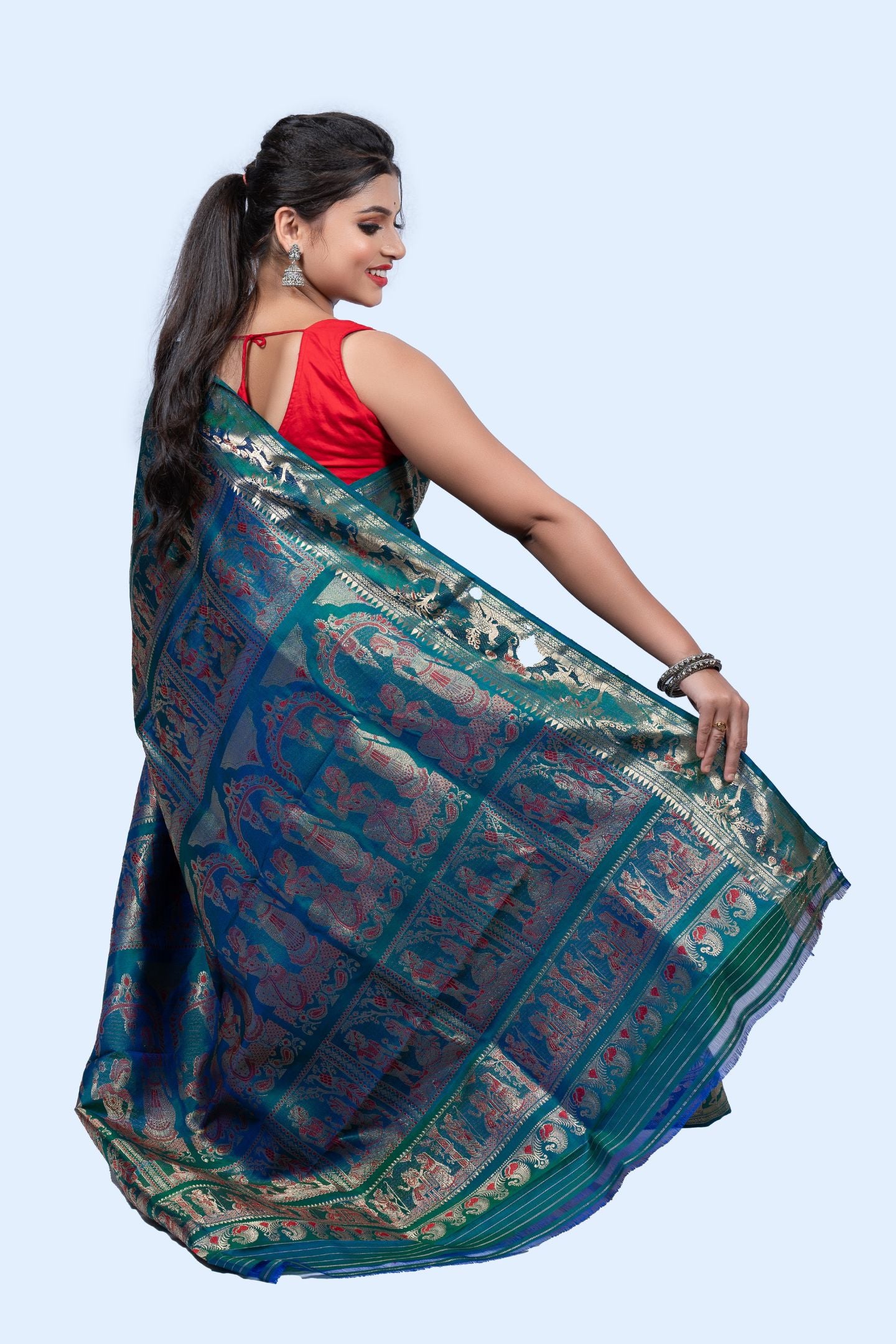 Gold Zari Green Meena Work Baluchari Saree with Mythological Figures