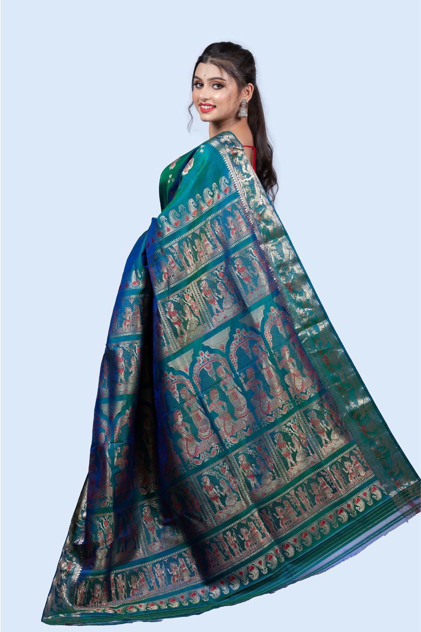 Gold Zari Green Meena Work Baluchari Saree with Mythological Figures