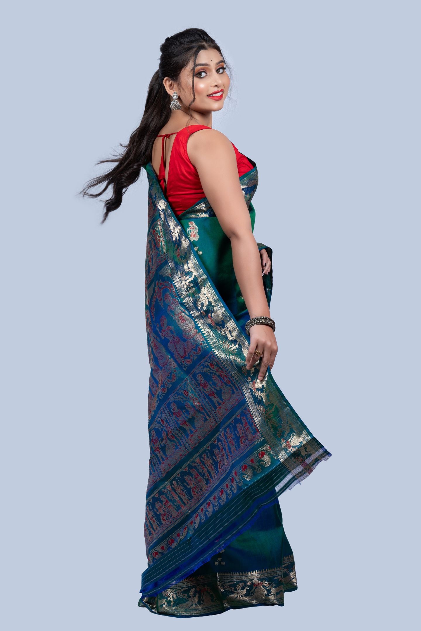 Gold Zari Green Meena Work Baluchari Saree with Mythological Figures