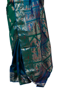 Gold Zari Green Meena Work Baluchari Saree with Mythological Figures