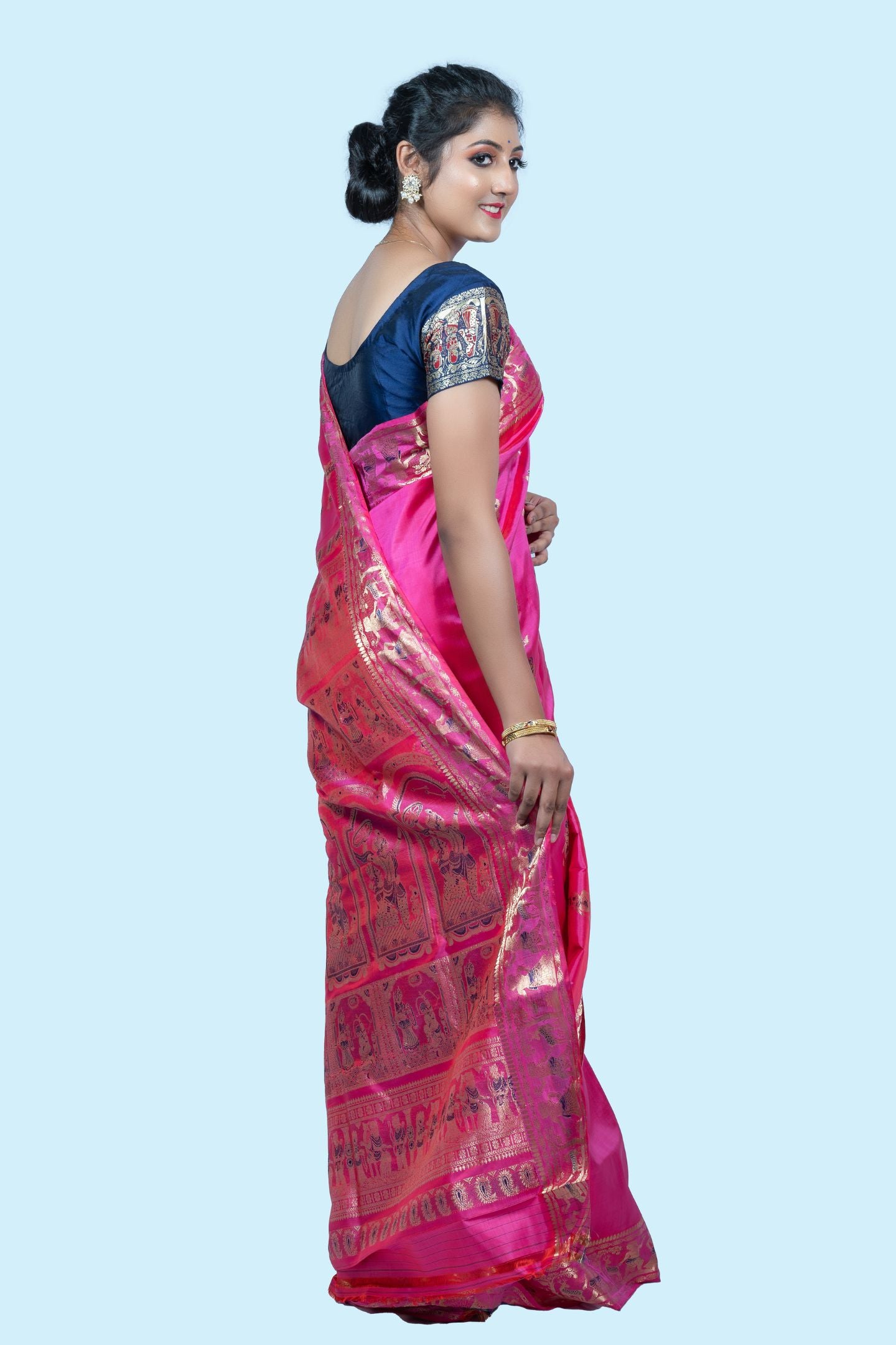 Gold Zari Pink Meena Work Baluchari Saree with Mythological Figures