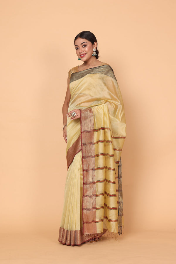Golden Petal Cotton and Silk Maheshwari Handloom Saree