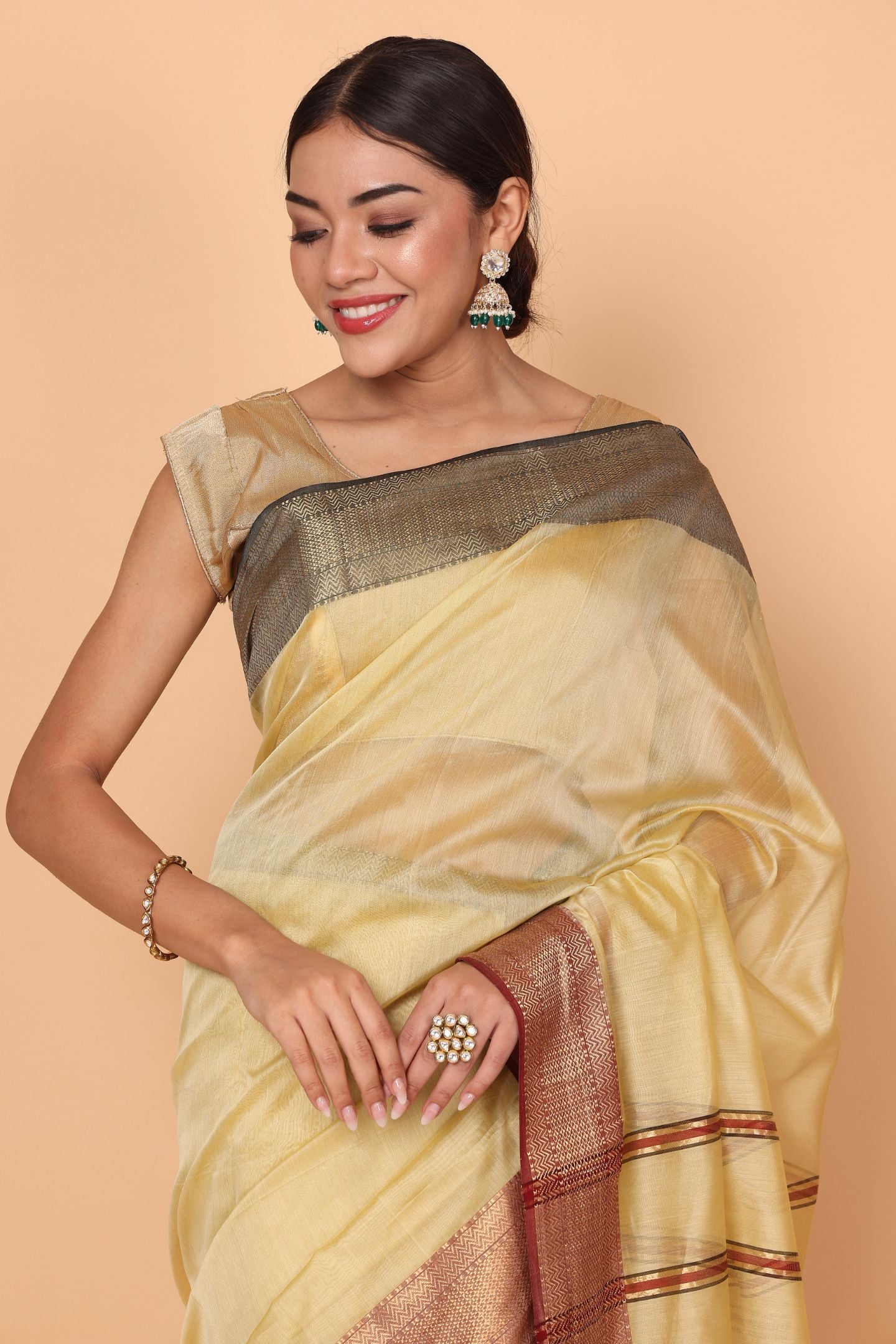 Golden Petal Cotton and Silk Maheshwari Handloom Saree