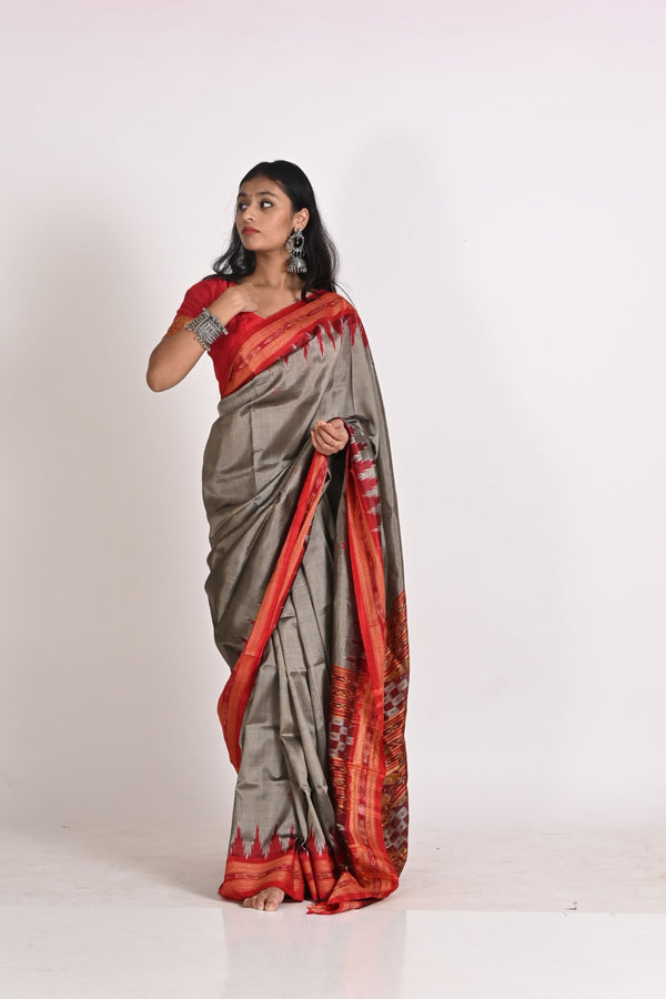 Grey and Red Pallu Deha Chanda Khandua Handloom Ikat Silk Saree