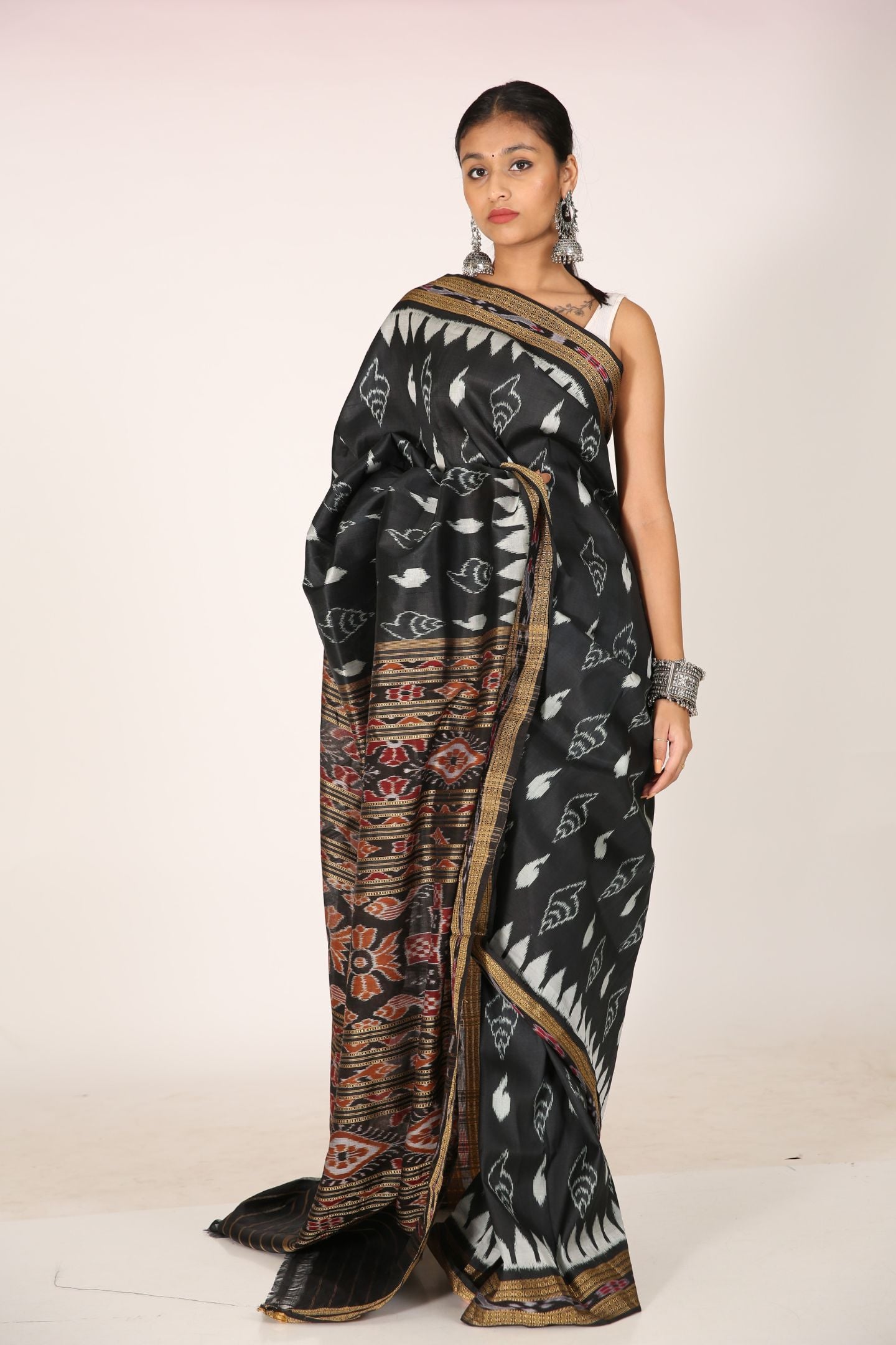 Handloom Black Ikat Silk Saree with Sankha Design