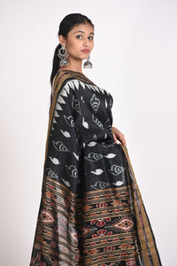 Handloom Black Ikat Silk Saree with Sankha Design