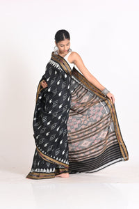Handloom Black Ikat Silk Saree with Sankha Design