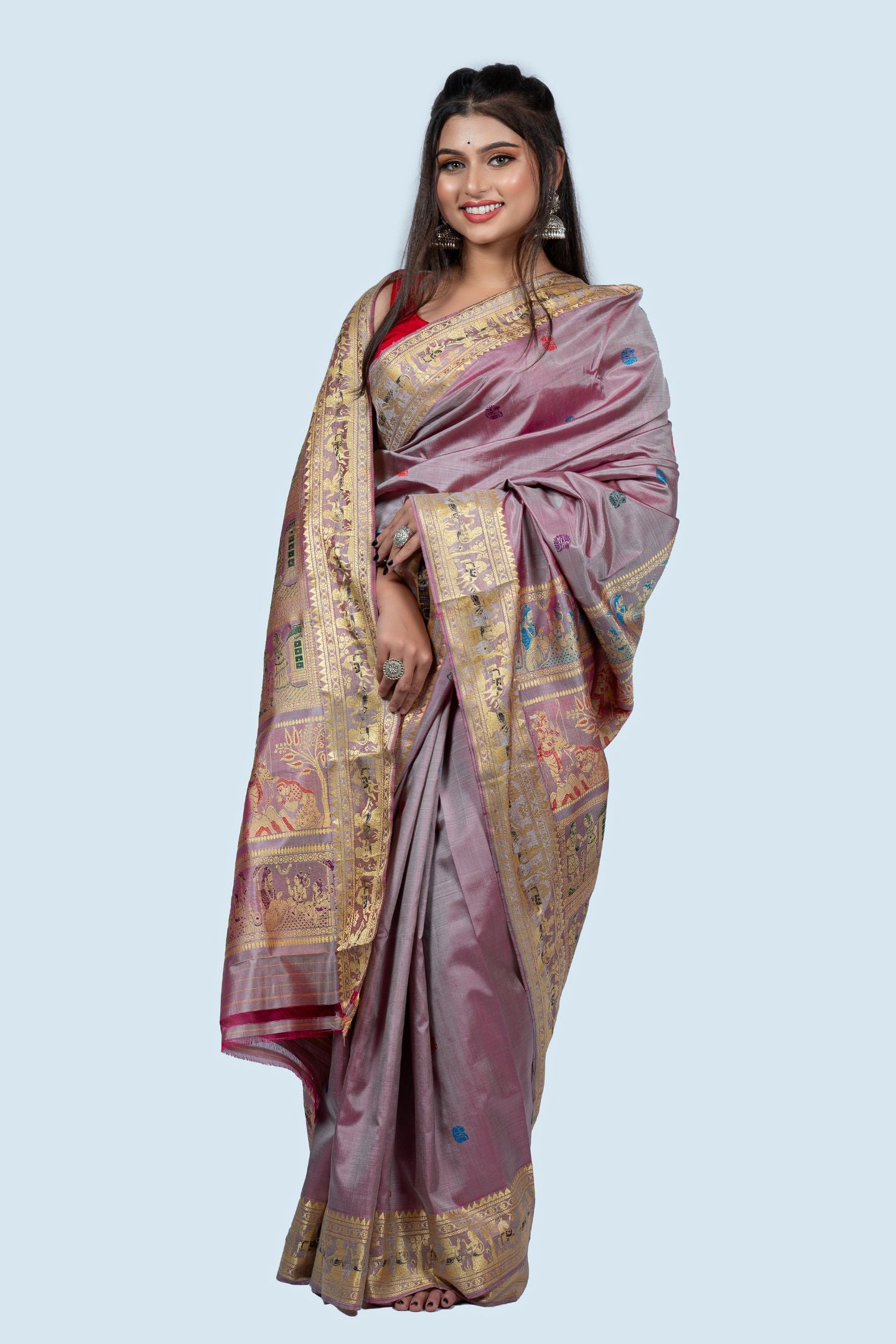 Light Mauve Golani Buti Baluchari Saree with Mythological Figures & Extra Weft