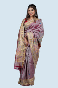Light Mauve Golani Buti Baluchari Saree with Mythological Figures & Extra Weft