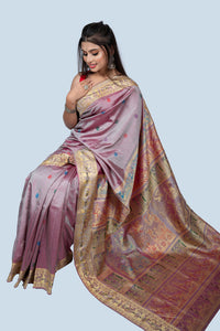 Light Mauve Golani Buti Baluchari Saree with Mythological Figures & Extra Weft