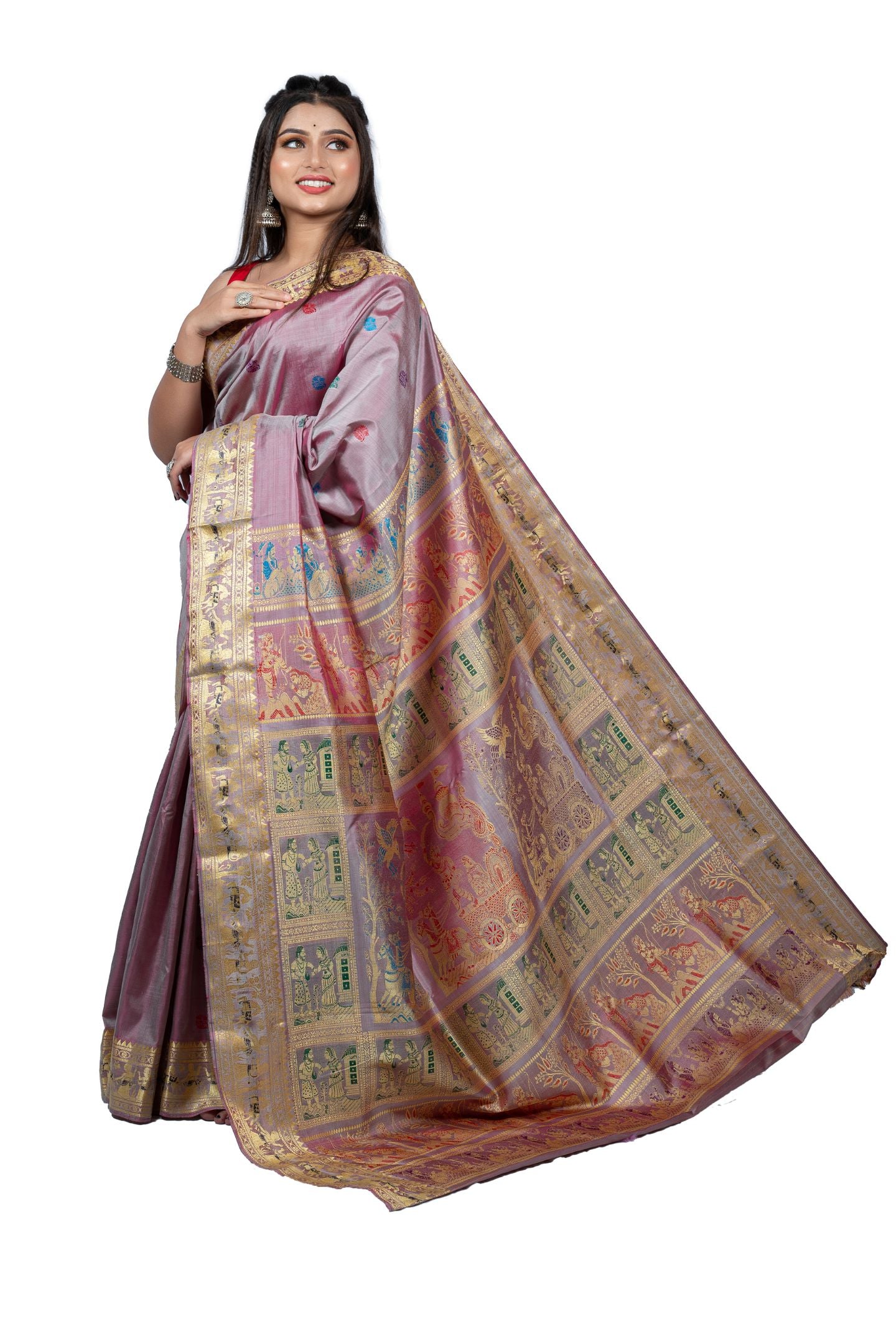 Light Mauve Golani Buti Baluchari Saree with Mythological Figures & Extra Weft