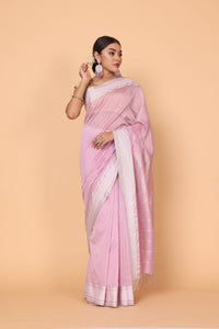 Pink Rosy Bloom Cotton and Silk Maheshwari Handloom Saree