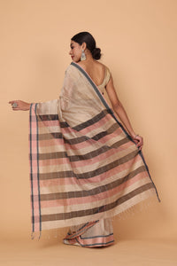 Pinkish Grey Diya Border Cotton and Silk Maheshwari Handloom Saree