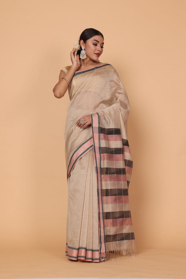 Pinkish Grey Diya Border Cotton and Silk Maheshwari Handloom Saree