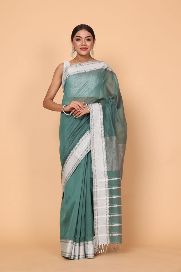 Plain Green Cotton and Silk Maheshwari Handloom Saree With Small Silver Zari Stripes on Pallu