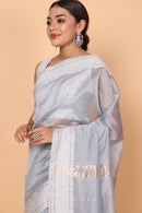 Plain Silver Grey Cotton and Silk Maheshwari Handloom Saree