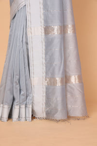 Plain Silver Grey Cotton and Silk Maheshwari Handloom Saree