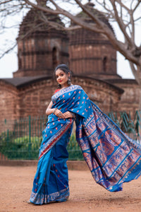 Pure Silk Blue Baluchari Saree with Mythological Figures and Buti Work