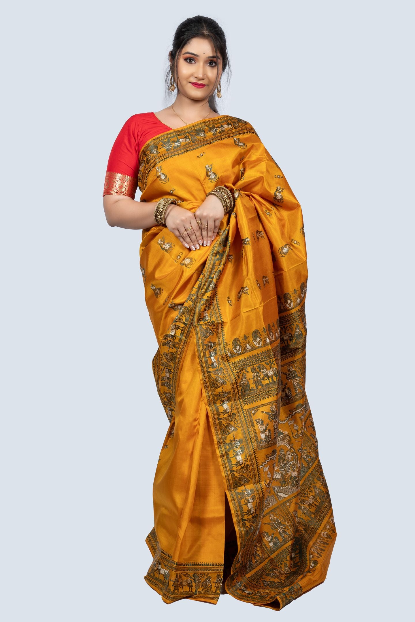 Pure Silk Gold Baluchari Saree with Mythological Figures