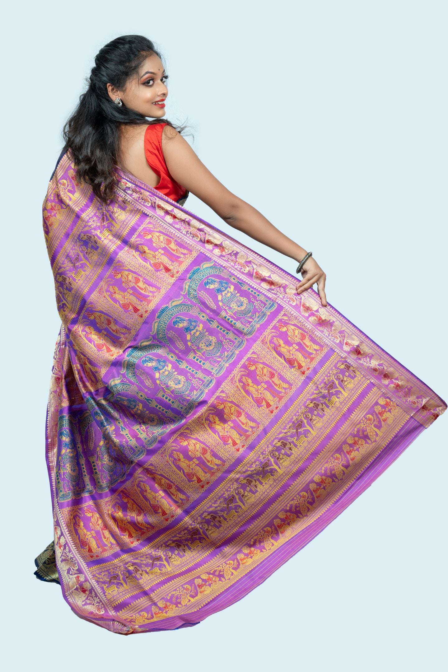 Pure Silk Navy Blue Baluchari Saree with Mythological Figures and Buti Work