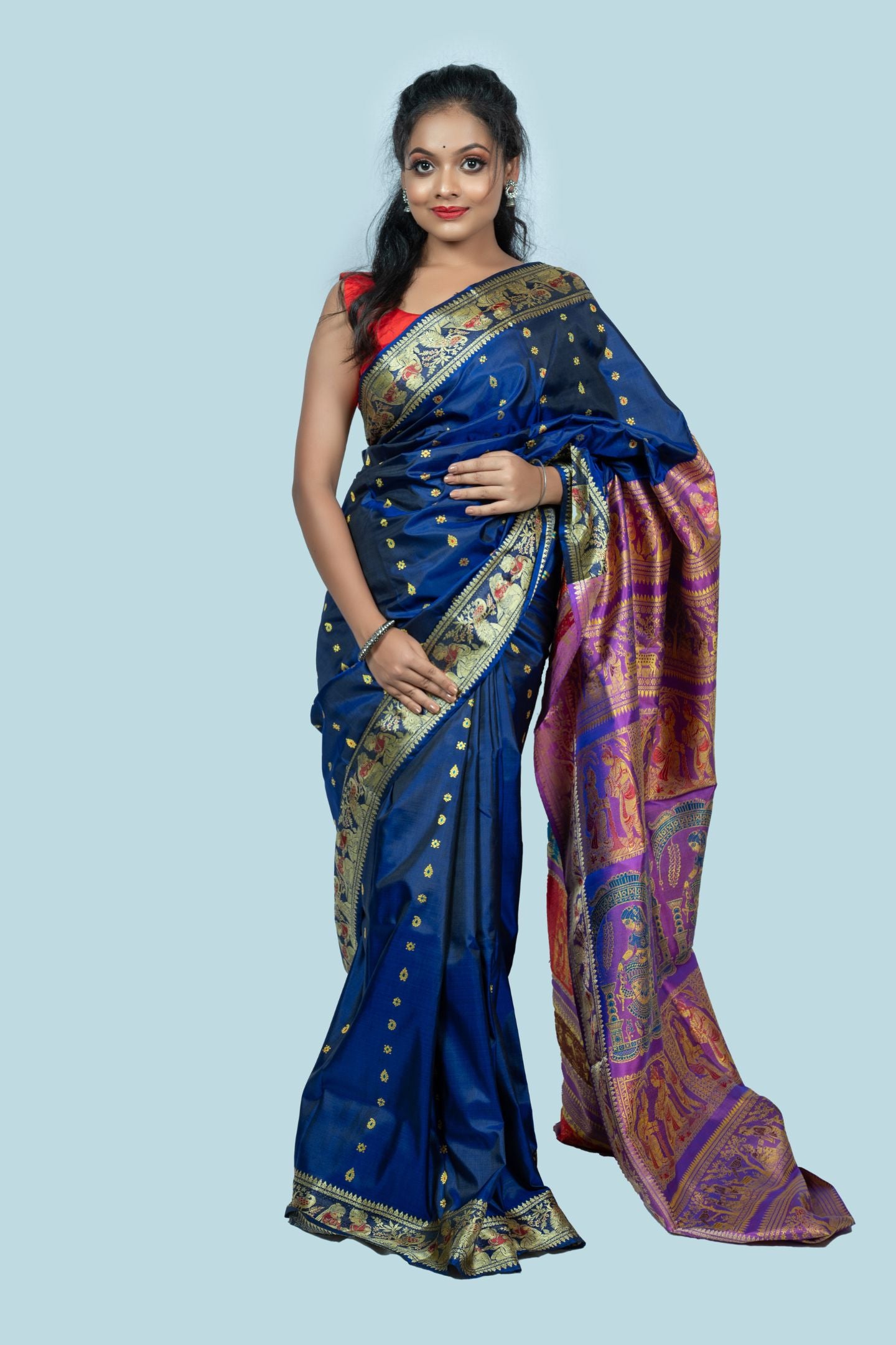 Pure Silk Navy Blue Baluchari Saree with Mythological Figures and Buti Work