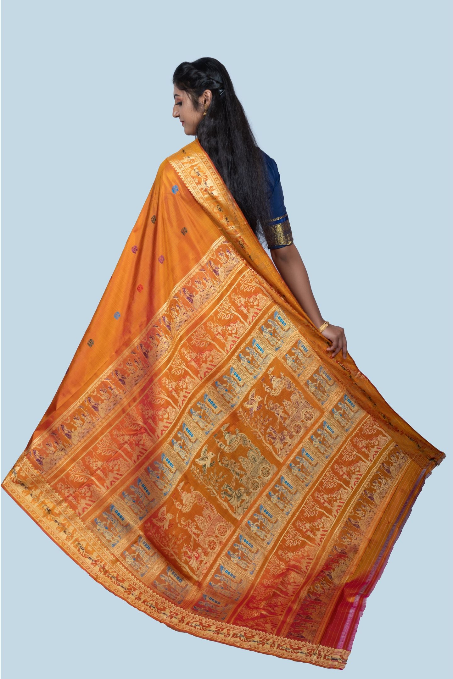 Radiant Gold Golani Buti Baluchari Saree with Mythological Figures & Extra Weft Elegance