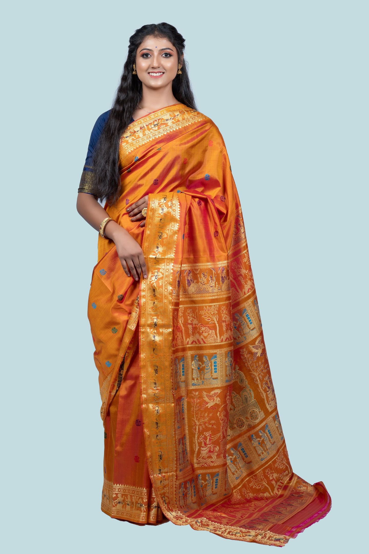 Radiant Gold Golani Buti Baluchari Saree with Mythological Figures & Extra Weft Elegance