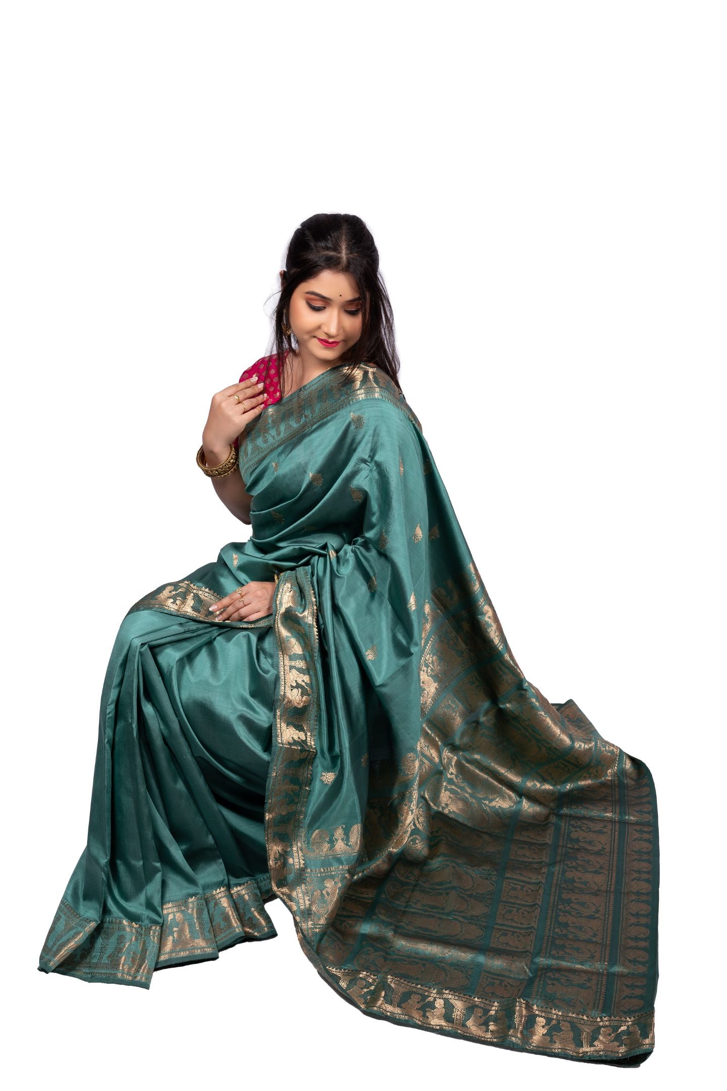 Rich Zari Meena Work Baluchari Saree with Mythological Figures