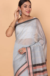 Serene Glow Silver Sand Cotton and Silk Maheshwari Handloom Saree