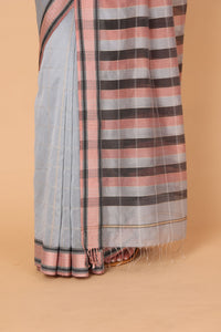 Serene Glow Silver Sand Cotton and Silk Maheshwari Handloom Saree