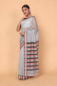 Serene Glow Silver Sand Cotton and Silk Maheshwari Handloom Saree