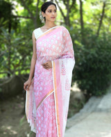 Taffy pink and white pallu floral motif handblock printed Kota Doria saree with thin gold zari border