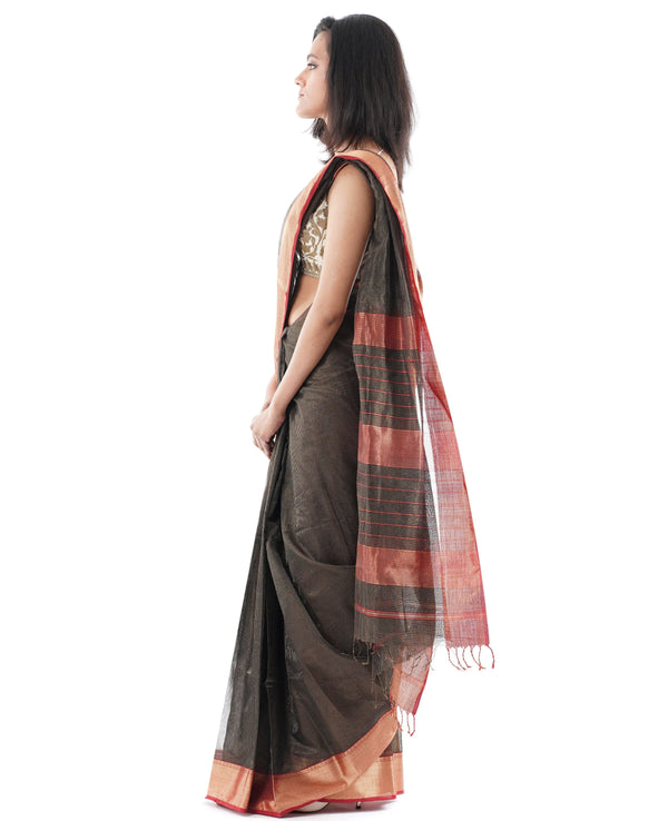 Authentic check pattern Maheswari handwoven black and red contrast saree with golden Zari stripes