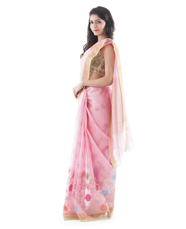 Graceful light pink silk and  with ethnic floral thread work and golden zari