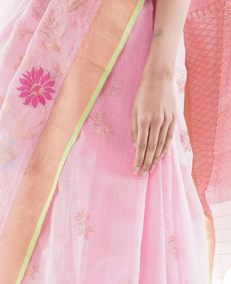 Graceful light pink silk and  with ethnic floral thread work and golden zari