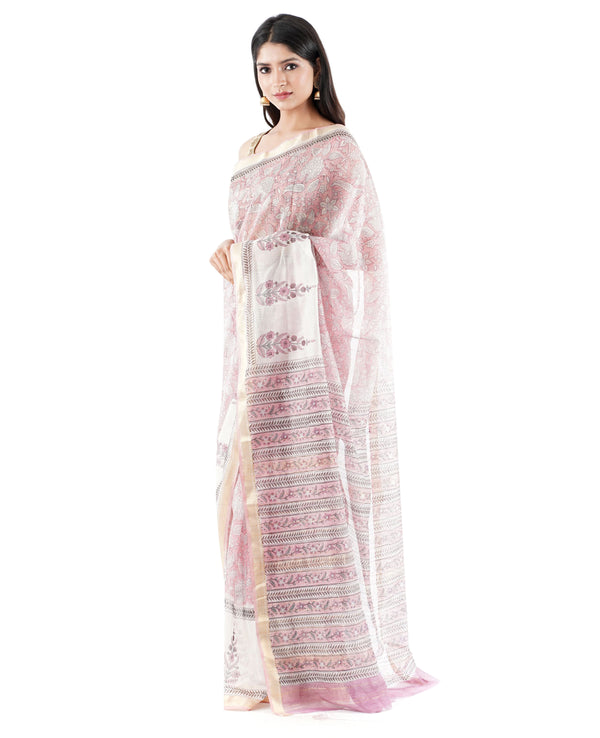 Light pink and off white floral handblock printed with thin gold zari border