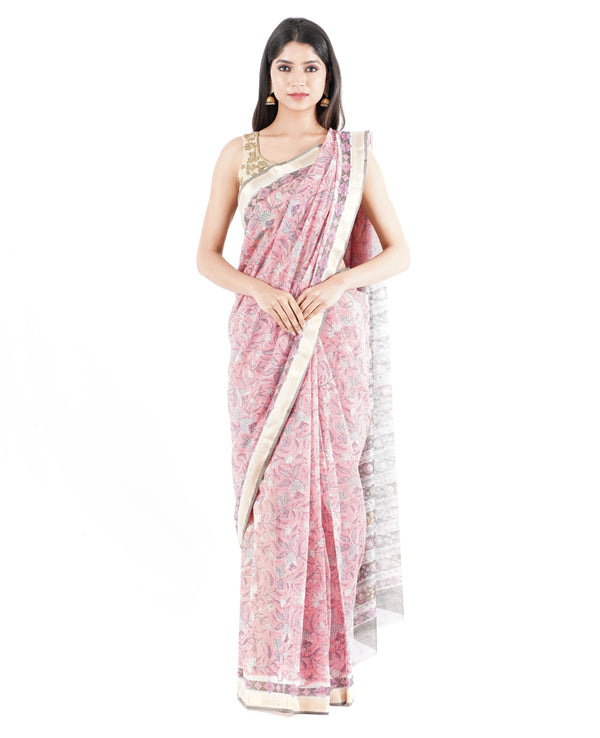 Light pink floral handblock printed  with thin brown color border with gold zari