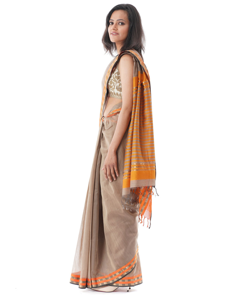 Maheswari handwoven grey orange and black saree with golden Zari